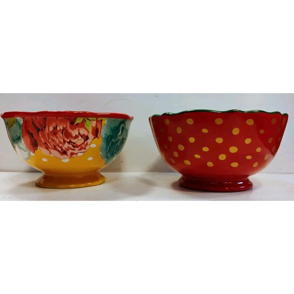 Pioneer Woman Blossom Jubilee Footed Soup Cereal Bowls Set of 2 Red Yellow AS IS